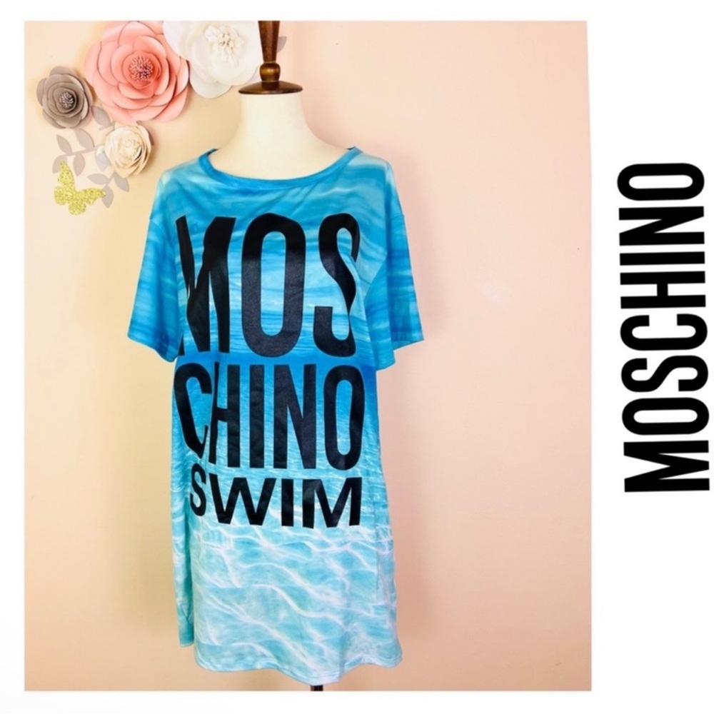 New! Moschino Swim Logo Ocean Print Cover Up T-Shirt Dress in Blue